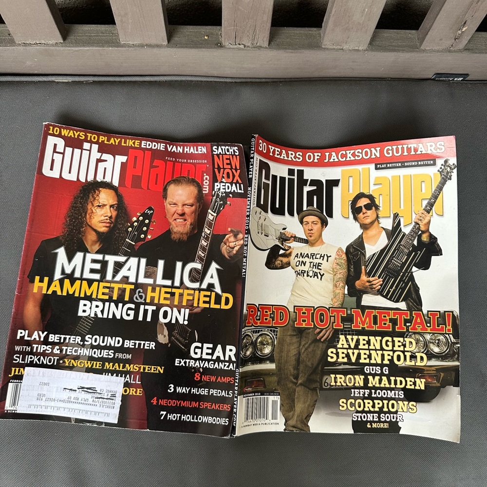 Source Unknown Home Art Prints - Red and Black Guitar Magazine Covers